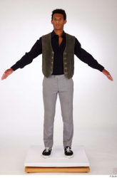 Whole Body Man Black Casual Shirt Trousers Vest Athletic Standing Studio photo references